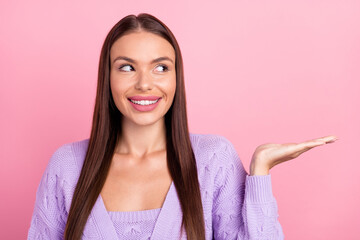 Canvas Print - Photo of reliable lady palm demonstrate empty space object wear violet cardigan isolated pink color background