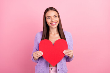 Canvas Print - Photo of romantic lady hold red paper heart figure card wear violet cardigan isolated pink color background