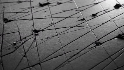 Wall Mural - Black damaged crack paper. Old scratched torn cardboard material. Close up. Dolly shot. Abstract surface