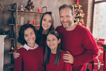 Sticker - Photo of sweet adorable brother sister husband wife embracing celebrating noel smiling indoors room home house