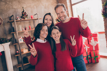 Sticker - Photo of friendly positive glad people embrace show v-sign shiny smile in decorated x-mas home indoors