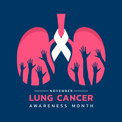 Wall Mural - November, Lung cancer awareness month text and white ribbon around on pink lung symbol with hands up on blue background vector design