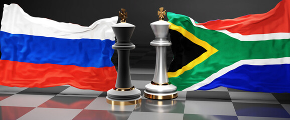 Russia South Africa summit, fight or a stand off between those two countries that aims at solving political issues, symbolized by a chess game with national flags, 3d illustration