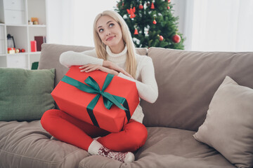 Sticker - Photo of sweet dreamy young woman dressed white sweater holding gift box smiling indoors room home house