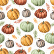 Watercolor pumpkins and fall leaves seamless pattern. Autumn harvest wallpaper. Thanksgiving, Halloween background