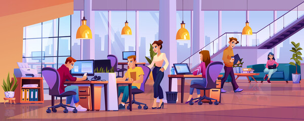 Wall Mural - Co-workers in office open space, young people working on computers in co-working area. Vector cartoon male and female executive workers working at shared workspace, business center interior