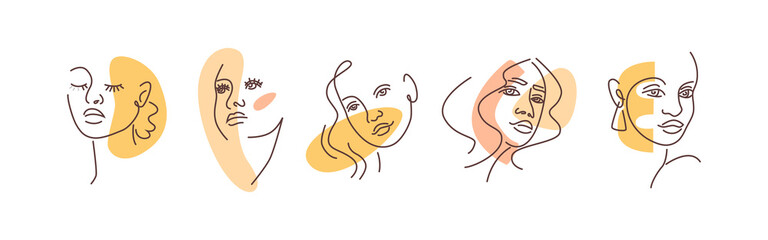 Aufkleber - Woman faces doodles in abstract design, trendy set. Vector fashion women with hairstyle, beauty minimalistic print graphics design style. Beautiful lady head creative portraits, girls models avatars