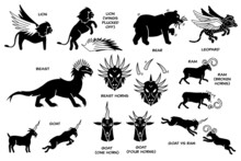 Daniel Dream Vision On The Four Beasts, The Ram, He-Goat, And Horn. Vector Illustration Depicts Daniel Dream Vision Of Lion With Eagle Wings, Bear, Winged Leopard, Ten Horns Beast, Ram And Goat.