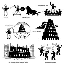 Nimrod And Tower Of Babel Bible Biblical Story. Vector Illustrations Depict King Nimrod As A Mighty Hunter, And Rebel Against God By Building The Tower Of Babel.