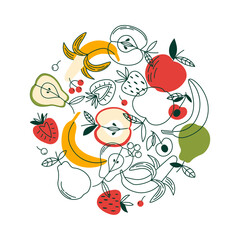 Round composition with different fruits and berries in flat style. Vector illustration with organic plant foods