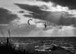 Kiter am Strand von Cuxhaven Sahlenburg im Gegenlicht. Schwarzweiss