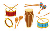 Different drums and percussion big set vector flat illustrations isolated over white background, music instruments shop.