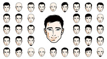 Handsome Men Faces And Hairstyles Heads Vector Illustrations Set Isolated On White Background, Guy Happy Attractive Beautiful Faces Avatars Collection With Different Haircuts.