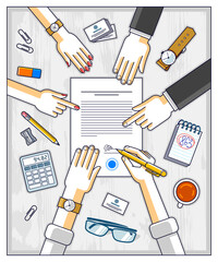 Poster - Bank customer write a sign on financial form of money credit with employees helps him and explains the terms of loan or Businessman signs contract paper, top view of desk with people hands. Vector.