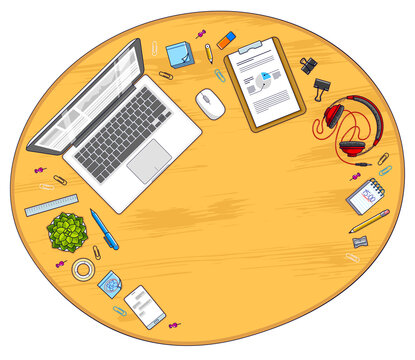 Wooden office employee or entrepreneur work desk workplace with laptop computer and diverse stationery objects for work with copy space for text. All elements are easy to use separately. Vector.