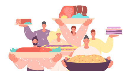 Canvas Print - People holding food. Group with festive meals, restaurant team. Waiters, lunch or dinner time. Adults cooking, tasty dishes utter vector concept