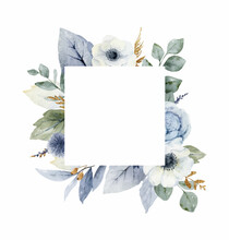 A Watercolor Vector Winter Frame With Dusty Blue Flowers And Branches.