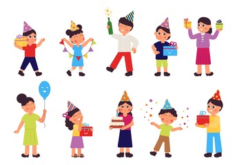 Wall Mural - People with gifts. Birthday party, happy celebrating women and man. Cartoon funny kids, festive confetti and food. Festival decent vector characters