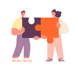 Poster - Family metaphor. Couple collect puzzle pieces, jigsaw elements. Woman man friendship, relationship or collaboration. Business teamwork utter vector scene