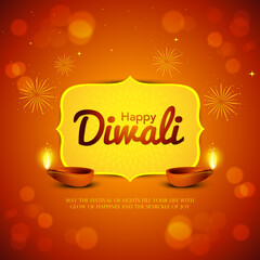 Happy Diwali background with illuminated oil lamps & Diwali greeting text isolated on defocused brown background.