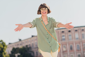 Sticker - Photo of friendly inspired crazy lovely lady stretch hands invite cuddle wear specs bag striped shirt urban city outside