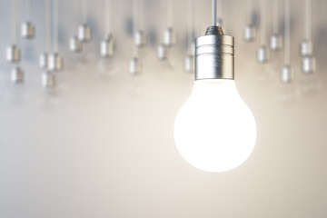Aufkleber - Glowing lamp on blurry concrete wall background. Idea, innovation, solution and invention concept. Mock up, 3D Rendering.