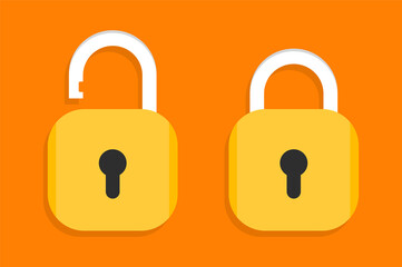 Aufkleber - Yellow isolated icon of locked and unlocked lock on orange background. Concept for password, lock, security. Security symbol for website design, logo, app. Vector illustration
