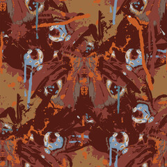 Wall Mural - Abstract seamless pattern with peacock eye butterflies, paint spots and drips on a brown backdrop. Creative vector background in grunge style. Suitable for Wallpaper, wrapping paper or fabric design