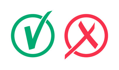 Poster - Check mark and cross in circles on a white background. Yes and No symbols. Green and red signs. Check the box, mark and cross the icon. Test question. Vector illustration. EPS 10