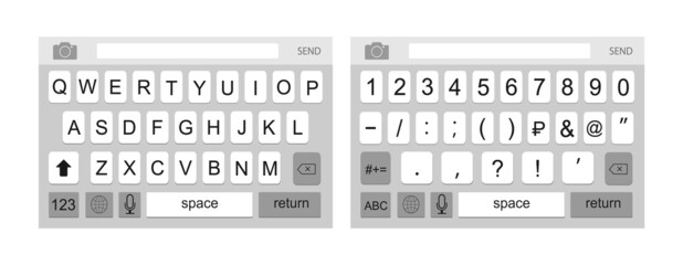 Aufkleber - Smartphone keyboard. Keypad alphabet and numbers. Virtual key board for mobile phone. Mockup keypad for a touchscreen device. Social media keyboard for digital device. Flat style. Vector illustration.