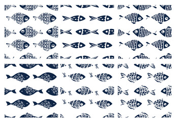 Wall Mural - A pathetic drawing of a stylized fish of dark blue color.A SET of seamless pattern of sea fish drawn in cartoon style with patterns of dots and stripes arranged in different horizontal directions on a