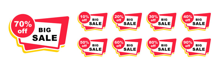 Sale tags set. Discount percent badges. 10, 20, 30, 40, 50, 60, 70, 80, 90 percent off. Percent sale label. Discount offer price for promotion and advertising. Vector