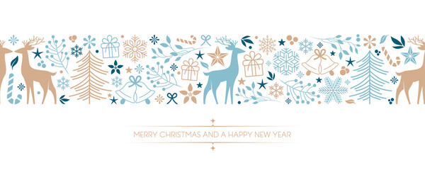 Poster - christmas card with deer berry star gift and snowflake border