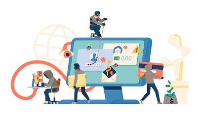 Hackers group attack. Cyber thieves characters stealing data. Burglars cracking banking passwords and accounts. Online scammers. Computer screen acting. Digital crime. Vector concept