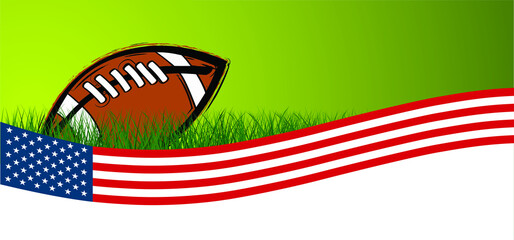 Wall Mural - American football flag on green eco grass field. Sport teams game cup. Concept rugby ball day Funny super bowl weekend party. School game cup party. Football logo. American flag. Football ball