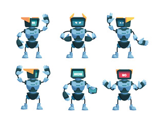 Robot collection. Funny robotic androids in action poses game characters standing jumping futuristic steel body parts garish vector flat illustrations