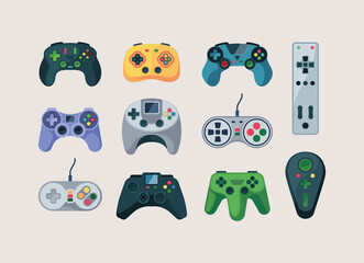 Poster - Gamepad. Computer gadgets for video games console controllers garish vector flat pictures collection