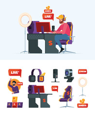 Poster - Streamers. Gamepad keyboard computer gadgets for bloggers gamers professional streamers in social network garish vector flat pictures
