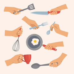 Wall Mural - Kitchen tools in hands. Objects for preparing food in kitchen forks spoons plates pots recent vector flat items