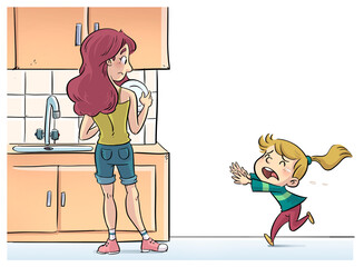 Illustration of little girl crying who runs to see her mother