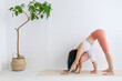 © Вадим Каштанов - Mom and daughter practice yoga at home. Sun salutation pose. Downward facing dog.