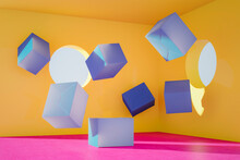 3D Rendering, Blue Boxes Floating In Yellow Room With Pink Floor