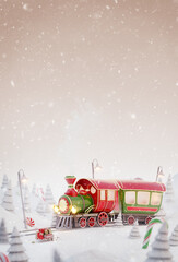 Wall Mural - Cute funny fairy Santa's Christmas train in a magical forest