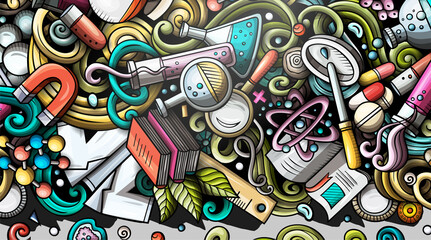 Wall Mural - science hand drawn doodle banner. cartoon detailed flyer.
