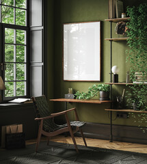 Mockup frame in home office interior background, mid-century modern style in loft, 3d render