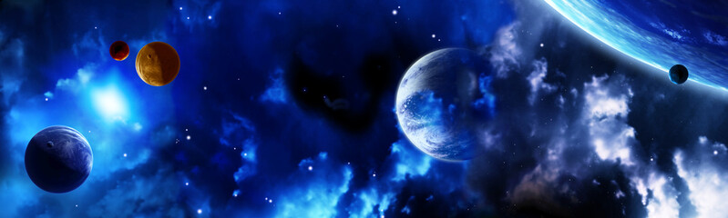 Wall Mural - horizontal galaxy banner. a beautiful space scene with sun, planets and nebula