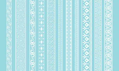 White lace edging. Cute textile wedding borders, barouque laces fabric tapes vector image, curve retro cloth silhouette ribbons, vintage cotton baroque vector strips isolated on blue