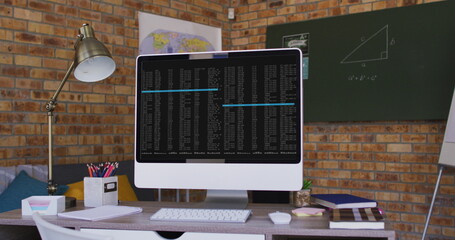 Poster - Computer screen with data processing standing on desk in office