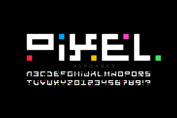 Aufkleber - pixel style font, alphabet letters and numbers vector illustration