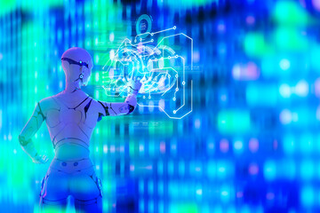 Wall Mural - Artificial intelligence 3D robot in futuristic cyber space metaverse background, digital world technology